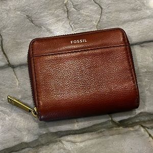 Fossil Fold Zip Wallet Brown Leather